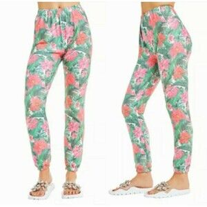 NWT‎ Wildfox Poinsettia Green Pink Floral Jogger Lightweight Sweatpants XS